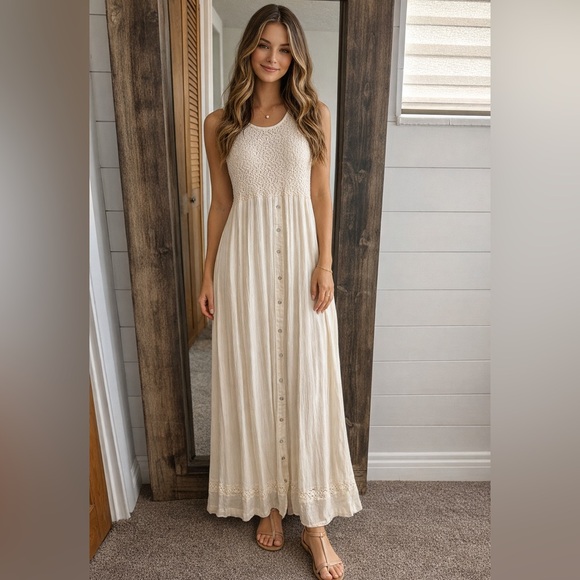 knot sisters Dresses & Skirts - Knot Sisters cottagecore Maxi Dress Cream Crochet Button Front western Size S